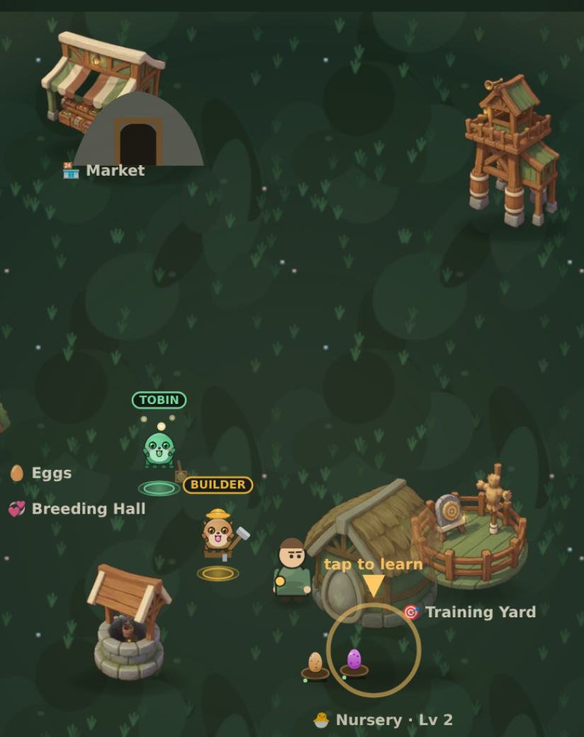 A Mythlings base: Training Yard, Breeding Hall, Nursery with eggs in nests, a Market stall, and the Guide and Builder at work on claimed ground