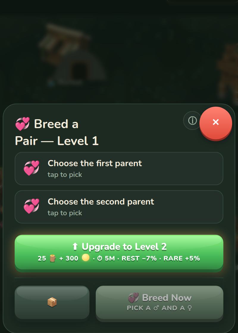 The Breeding Hall sheet: pick a male and a female Mythling to pair into a clutch