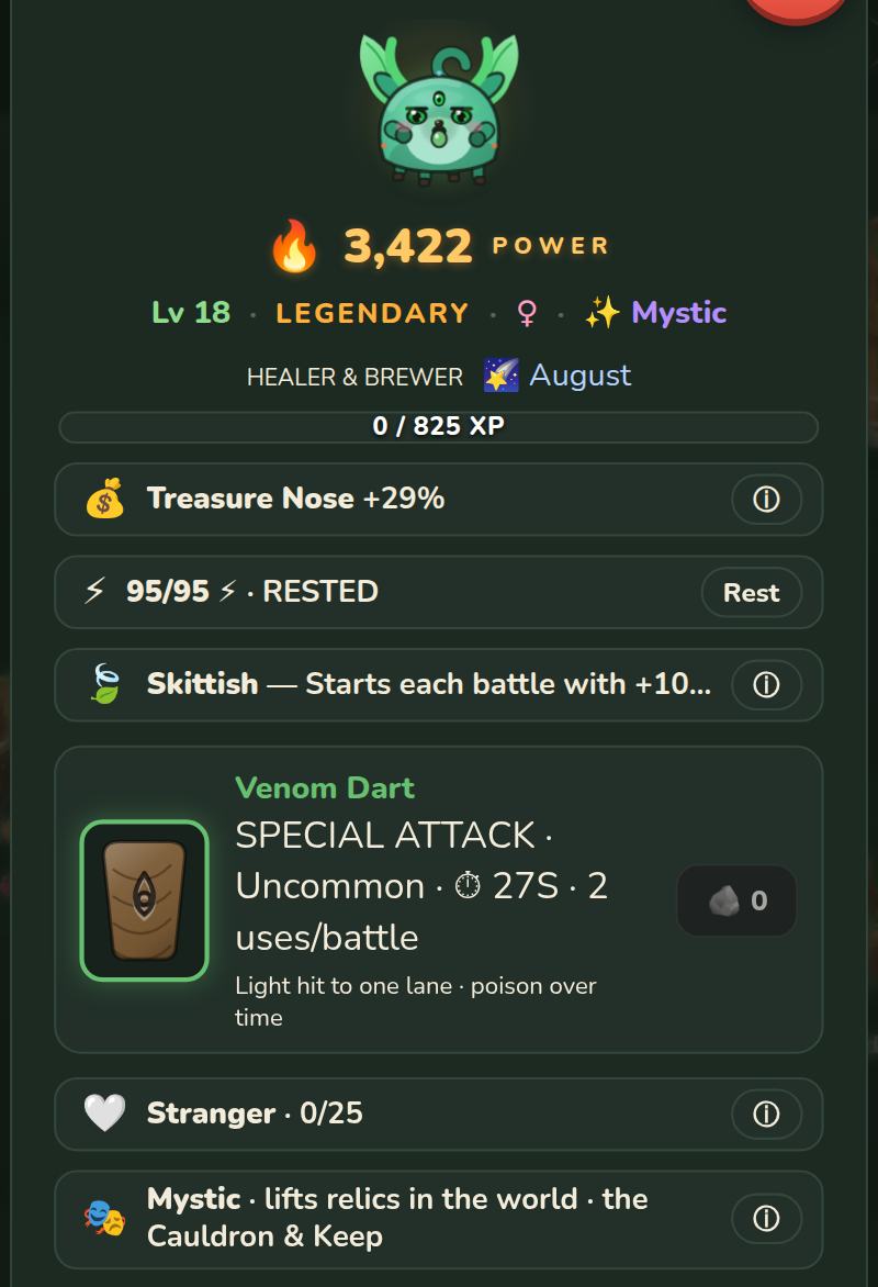 A Legendary Mythling detail card: level 18, power score, trait, energy, temperament, and an equipped Common special attack